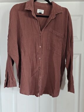 American Eagle Go Big Oversized Brown Button-Down Shirt